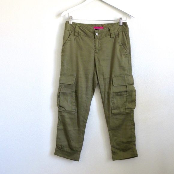 Alice + Olivia Linen Blend Cropped Cargo Pants Green Size 2 - Picture 1 of 6